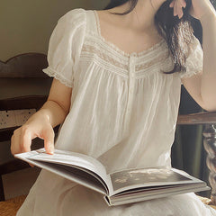 Short-sleeved Thin Pajamas White Sweet Cotton