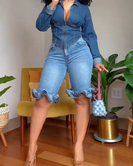 Wave Ruffle Hem Slim Denim Shorts