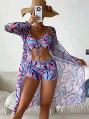 3pcs Pring Bikini With Long Sleeve Cardigan Beach Swimsuit Women