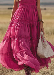 Western Retro Rose Red Chiffon Ruffled Sleeveless Maxi Dress