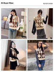 Knitted Vest Rhombus V-neck Bandage Dress Sweater