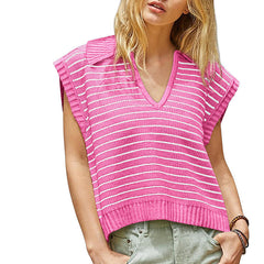 V Neck Cap Sleeve Sweater Vest Sleeveless Collared Striped Knit Tank Tops