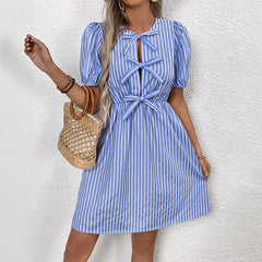 Retro Striped Dress Round Neck Bowknot Lace-up Dress