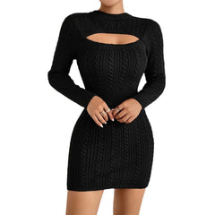 Hollow-out Cinched Clothing Package Hip Sweater Dress