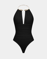 Metallic Decor Halter Neck Ruched Sleeveless Backless Bodysuit