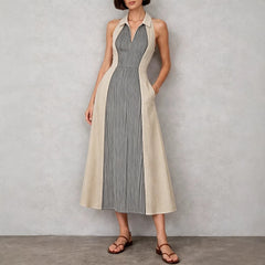 Womens Shirts Collar Defined Waistline Striped Long Swing Dress