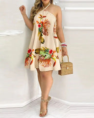 Printed Dress Off-Shoulder Hanging Neck Sleeveless Dresses Women