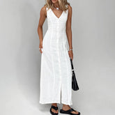 Commuter White Waisted Temperament Straight Split V-neck Cotton And Linen Dress