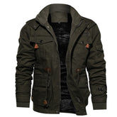 Zip-up Coat Warm Thickened Detachable Hooded Jacket Multi-pocket Button Drawstring Long Sleeve Tops Men's Cargo Clothing