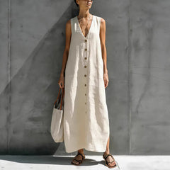 Womens Simple Cotton-Linen V-Neck Buttoned Sleeveless Loose Long Dress