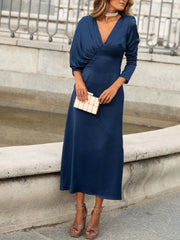 Asymmetrical Sleeve Satin Dress �Elegant Navy Evening Look