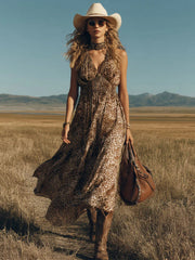 Western Retro Brown Leopard Print Chiffon Sleeveless Maxi Dress