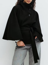 High Neck Batwing Sleeve Coat With Belt Loose Elegant Button Top Trench Coat For Clothing