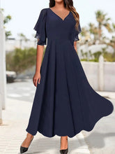 V-neck Ruffle Cuff Elegant Plain Dress Women