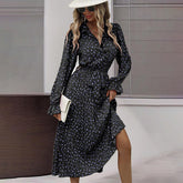 Long Sleeve V Neck Button Down Belted A-Line Flowy Midi Shirt Dress