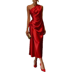 Womens Satin Pleated Waist-cinching Dress