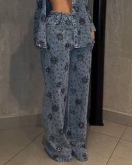 Floral Beaded Sparkling Straight Leg Jeans