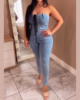 Tie Skinny Denim Jumpsuit