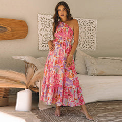Color Matching One Shoulder High Waist A- Line Dress
