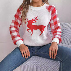 Christmas Casual Plaid Deer Long Sleeve Pullover Sweater