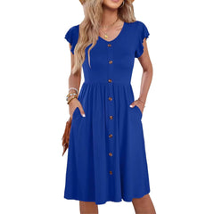 V-neck Solid Color Defined Waist Ruffle Sleeve Womens Mid-length Dress
