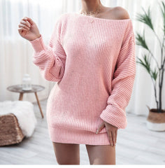 Solid Color Casual Off-the-shoulder Lantern Sleeve Knitted Sweater Dress