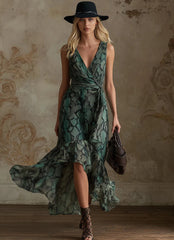 Vintage And Mysterious Green Snake Print Chiffon Sleeveless Maxi Dress