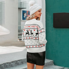 Cute Elk Heart Print Sweater Pullover Christmas Knitted Sweater Tops