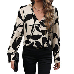 Printed V-Neck Long-Sleeve Loose Casual Top
