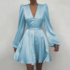 Spring Satin V-Neck Slim Dress �Elegant Temperament Style