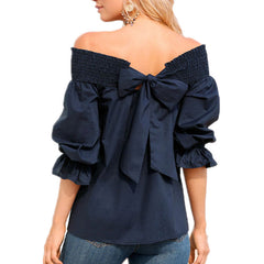 Off Shoulder Tops Spring Strapless Blouse Bowknot Slash Neck Shirts Casual Loose Blusas Plus Size
