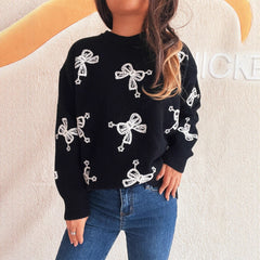 Contrast Color Bow Casual Loose Knitted Round Neck Sweater
