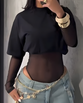 Mesh Bodysuit Short Sleeve T-Shirt 2-Piece Set