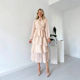 Solid Color Chiffon Long Sleeve Multi-layer Lace-up Elegant Dress Women