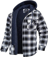 Men's Plaid Hooded Coat Warm Button Zip-up Jacket Casual Thick Padded Long Sleeves Outerwear Clothing