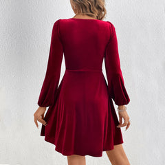 V-neck Waist A- Line Long Sleeve Party Velvet Dress