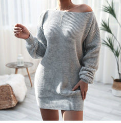Solid Color Casual Off-the-shoulder Lantern Sleeve Knitted Sweater Dress