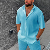 Leisure Loose Beachwear Solid Color Striped Short Sleeve Suit Southeast Asian Men's Shirt Two-piece Set