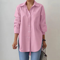 Solid-color Split-neck Long-sleeve Shirt