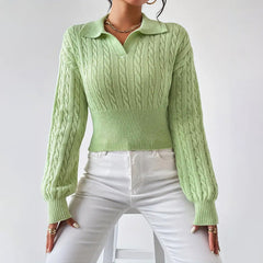 Solid Colour V-Neck Cropped Sweater with Lapel
