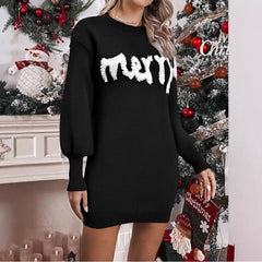 Knitted Round Neck Lantern Sleeve Pullover Sheath Dress