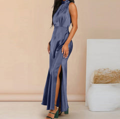 Satin Stand Collar Dress �Elegant High-Neck Silky Style