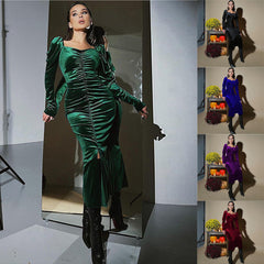 Pleated Slim Fit Slit Long-sleeved Dress