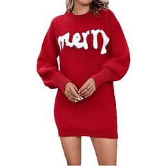 Knitted Round Neck Lantern Sleeve Pullover Sheath Dress