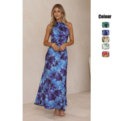 SpringFloral Digital Print Sweet Halter Mid Length Dress