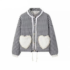 Anica Plaid Heart Patchwork Parkas Quilted Jacket