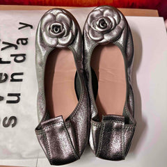Camellia Genuine Leather Slip On Ballet Flats - Silver Gray/US 9