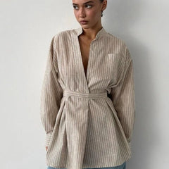Clara Pinstripe Belted Long Tunic Shirts