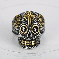 Cross-Motif Metal Sugar-Skull Design Ring