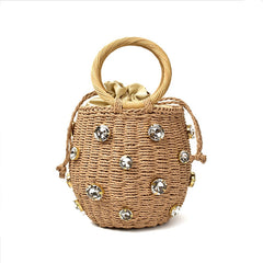 Crystal Embellished Straw Bucket Bag - 3 Colors